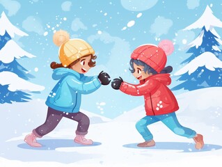 Two girls playing in snow-covered landscape, wearing colorful winter clothes. Bright and cheerful scene with snow falling, embodying fun and joy of winter activities and childhood.