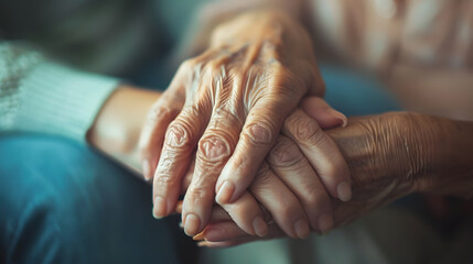 Fototapeta premium Two elderly people are holding hands, alzheimer's disease concept