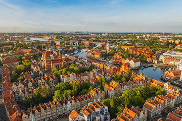 View from a drone of the Main Town in Gdańsk and the Motława River. Spring.