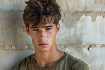 Fototapeta premium Portrait of a young male with a thoughtful expression in front of a textured concrete background