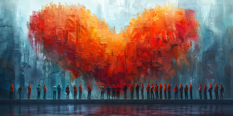 Large digital painting of a vibrant red heart in an urban environment, symbolizing communal love and unity. World Blood Donor Day.