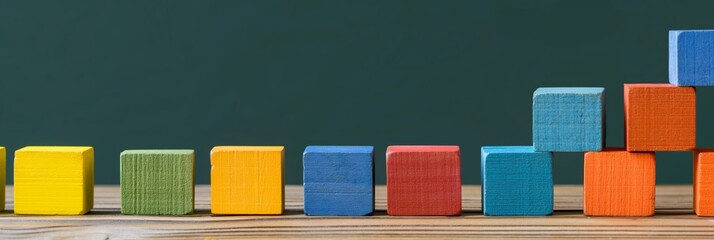 An image of colored wooden toy blocks arranged in a graph shape, depicting growth or progression concept on a smooth surface against a blackboard