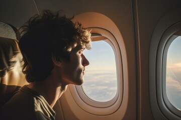 Serene moment as a young man gazes out the window of an airplane, with a soft sunset glow