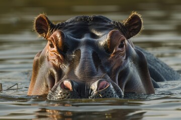 Fototapeta premium A photograph of a hippo partially submerged in water, with the sunlight reflecting off its wet skin. The calm water and the hippo's relaxed expression create a peaceful and serene atmosphere
