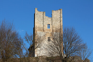 Obraz premium Ruins of abandoned old stone medieval town castle guard tower with broken windows on top of small hill surrounded with trees without leaves on clear blue sky background