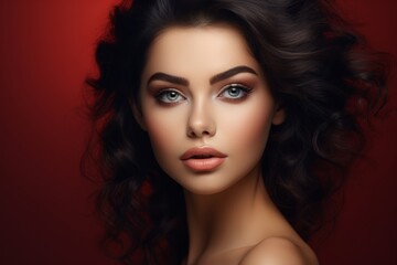Fototapeta premium A gorgeous European model woman, Close-up portrait of a stunning Caucasian model showcasing professional cosmetic makeup, captured against a warm red orange backdrop.