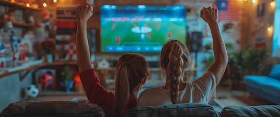 Family cheering for soccer on TV, sitting in the living room and watching a soccer game at home