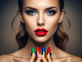beautiful girl with make-up and lipsticks of different colors. pretty young woman with blue eyes and red lips