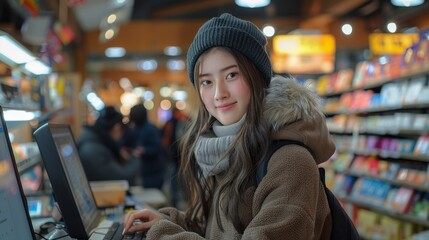 teenage Chinese entrepreneur managing online customer service for her ecommerce store