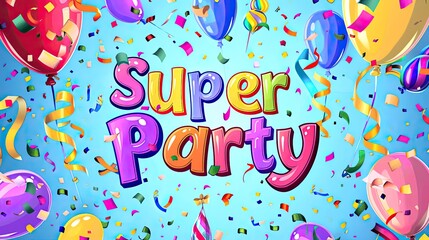 The word Super Party stands out against a bright blue background, surrounded by colorful balloons and confetti, creating a festive and joyful atmosphere.