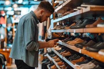 Customer examines footwear options on a retail shelf in a shoe shop