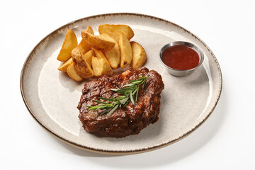 Grilled pork steak with wedge potatoes and barbecue sauce