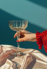 Female hand in a red glove holds a glass of wine on a silk background.