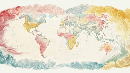 Artistic world map in watercolor with colorful cloud patterns flowing over the continents in a dreamy presentation