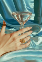 Female hand with golden ring and martini glass on blue satin background.