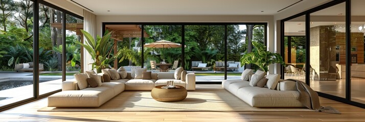 A large living room featuring expansive glass doors