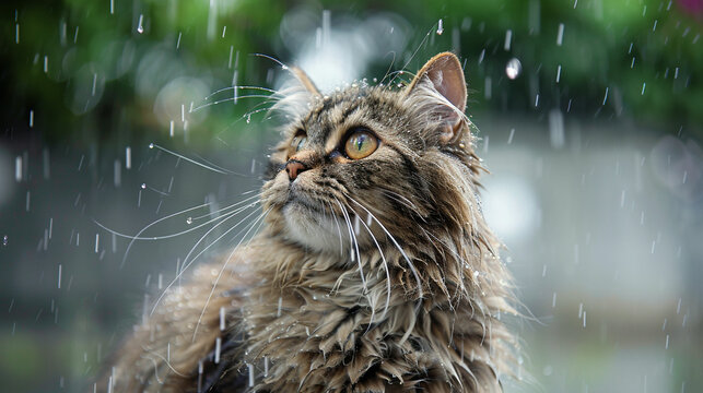 Flat-nosed Persian cat playing in rainwater, its expression is very cute and adorable