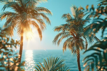 Palm tree and sea on blue sky background,  Vintage tone