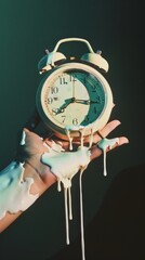 Hands holding a vintage clock on a dark background. Time concept.