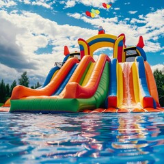  Colorful inflatable castles and slides in the park with water
