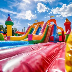  Colorful inflatable castles and slides in the park with water
