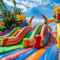  Colorful inflatable castles and slides in the park with water
