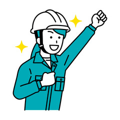 ガッツポーズで喜ぶ作業員の女性
