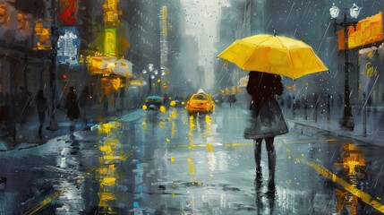 A girl in the city center under a yellow umbrella during the rain.