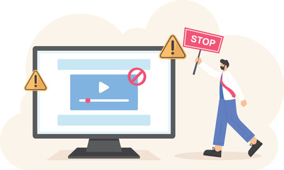 prohibition sign to not watch and download movies on illegal sites. Stop watching illegal movies. a user standing next to the laptop. illustration concept design. Vector Elements

