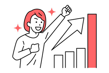 成長するグラフとガッツポーズで喜ぶカジュアルな女性