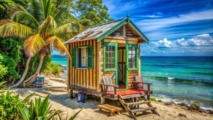 a small hut on the beach with palm trees