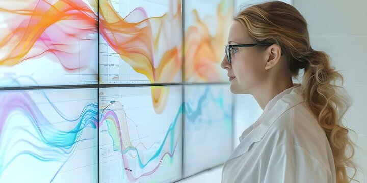 Senior female data scientist analyzes risk management reports on a large digital screen. Concept Data Analysis, Risk Management, Digital Technology, Senior Female, Professional Environment