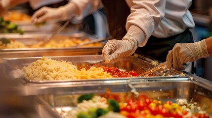 Close up of a buffet worker wearing protective gloves distributing and pouring food
