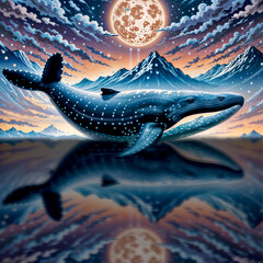Fantastic illustration, a huge blue whale swims in the night starry sky and reflected in ocean sea water.