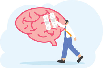 care to maintain brain health. illustration of a male nurse caring for and treating an injured brain. mind treatment. flat style. health vector design

