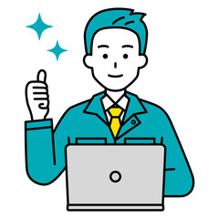 グッドサインをするノートパソコンで仕事をしている作業員の男性