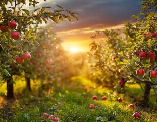 photo of an apple orchard at sunset