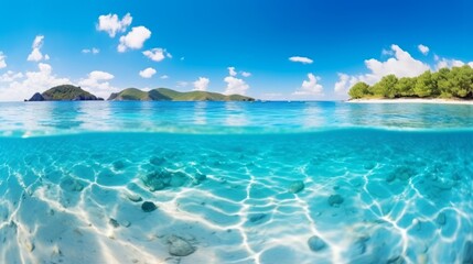 Obraz premium Beautiful tropical beach with blue sky and white clouds abstract texture background. Copy space of summer vacation and holiday business travel concept.