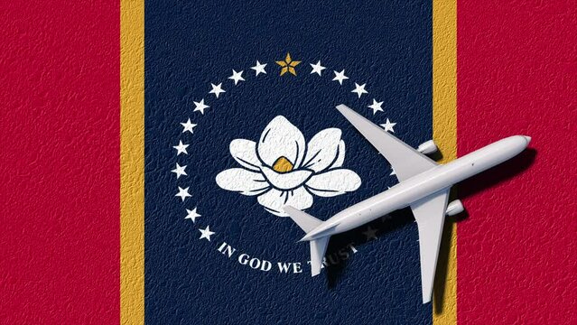Mississippi State Flag And Airplane Fly. Flight And Travel Concept