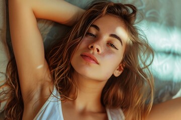 Naklejka premium Close-up of a peaceful young woman with a soft gaze lying down in natural light