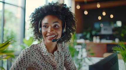 A friendly call center agent adeptly answers incoming calls with a headset, employing excellent communication skills to resolve customer issues.