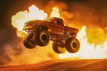AI generated illustration of a Damaged Monster Truck jumping from an arena