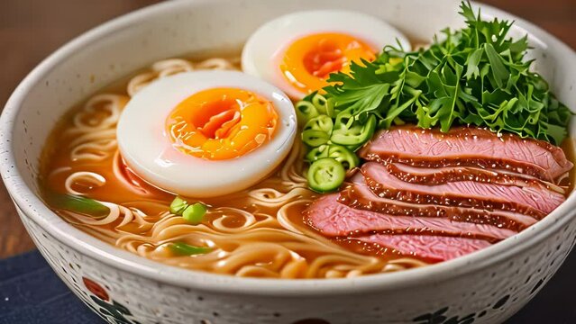 Video animation of This dish consists of wheat noodles served in a meat or fish based broth, often flavored with soy sauce or miso, and uses toppings such as sliced pork, dried seaweed