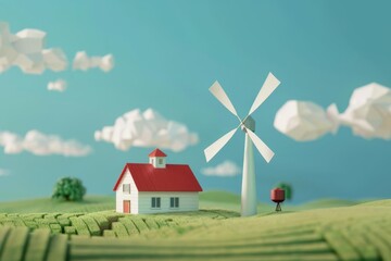 Farm windmill flat design side view sustainable energy theme 3D render vivid