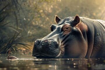 Fototapeta premium A hippo partially submerged in water, surrounded by a lush, natural environment with birds flying around. scene captures harmony between hippo and its habitat, evoking sense of tranquility and balance