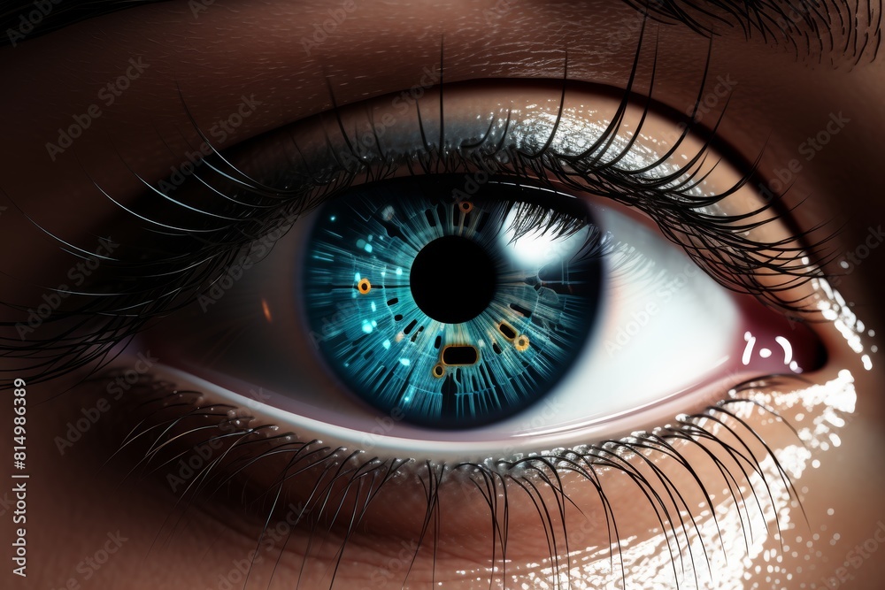 Poster cybernetic vision hacker or ai robot eye in dark tech space, close up on digital background