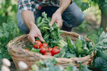 Young Caucasian Man with Beard Selecting Fresh Assorted Vegetables in Neat Rows