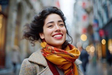 Joyful Latin Woman Embracing in Urban Setting - Diverse Friend Enjoying City Life Together