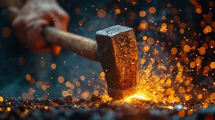 A man is shown hammering a nail, symbolizing threats, dangers, and power, with sparks flying from the forceful blow.