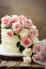 Delicious White Layered Cake Adorned with Beautiful Roses on Rustic Table